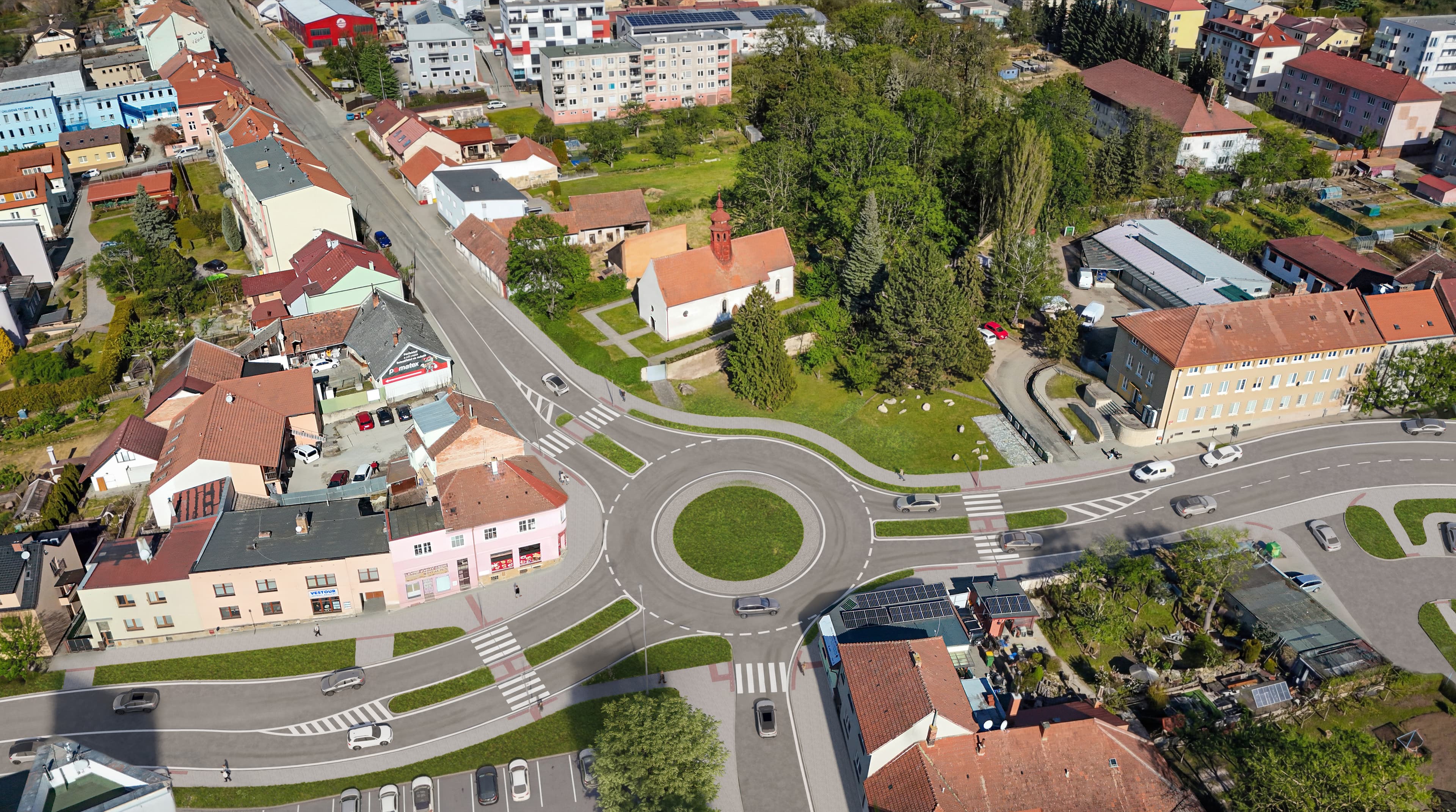 Dříve zvažovaná varianta s větším kruhovým objezdem o průměru 30 metrů